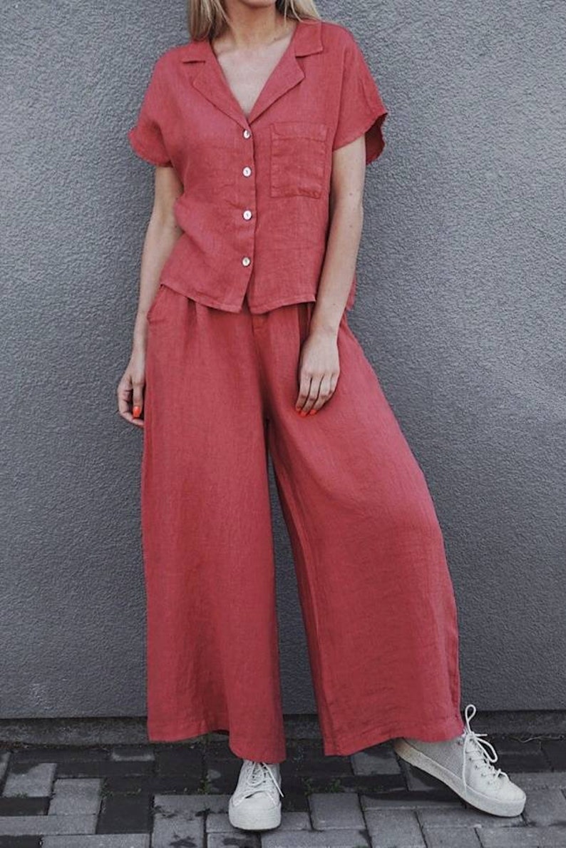 Pink Womens linen suit, Palazzo linen pants & Button up Shirt women set, Plus size linen wide leg pants with pockets, Summer clothes image 3