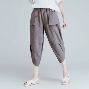 Cropped linen carrot pants with elastic waist Acacia haze