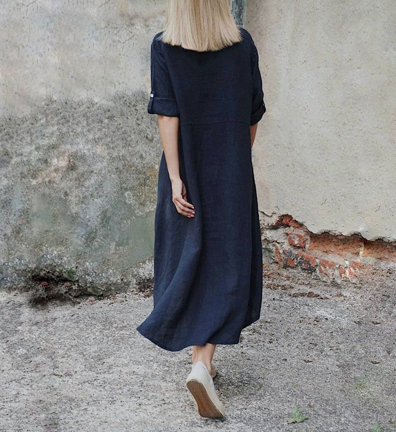 White linen dress, Linen shirt dress, Button front dress, Plus size linen dress, Linen maxi dress, Button down linen dress, Linen shirt long navy blue