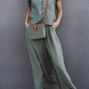 Retro Wide leg linen pants, Rustic Pink Pleated pants, Linen trousers Woman High waisted 80s pants, Comfortable Womens culottes with pockets sage green