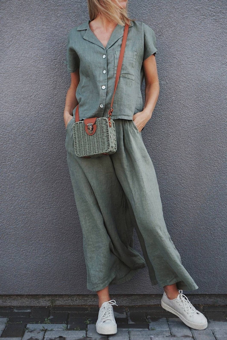 Retro Wide leg linen pants, Rustic Pink Pleated pants, Linen trousers Woman High waisted 80s pants, Comfortable Womens culottes with pockets sage green