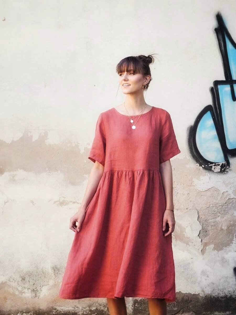 Modest Midi Linen Dress With Pockets, Casual Navy Blue Loose Aline Sundress  With Short Sleeves - Etsy