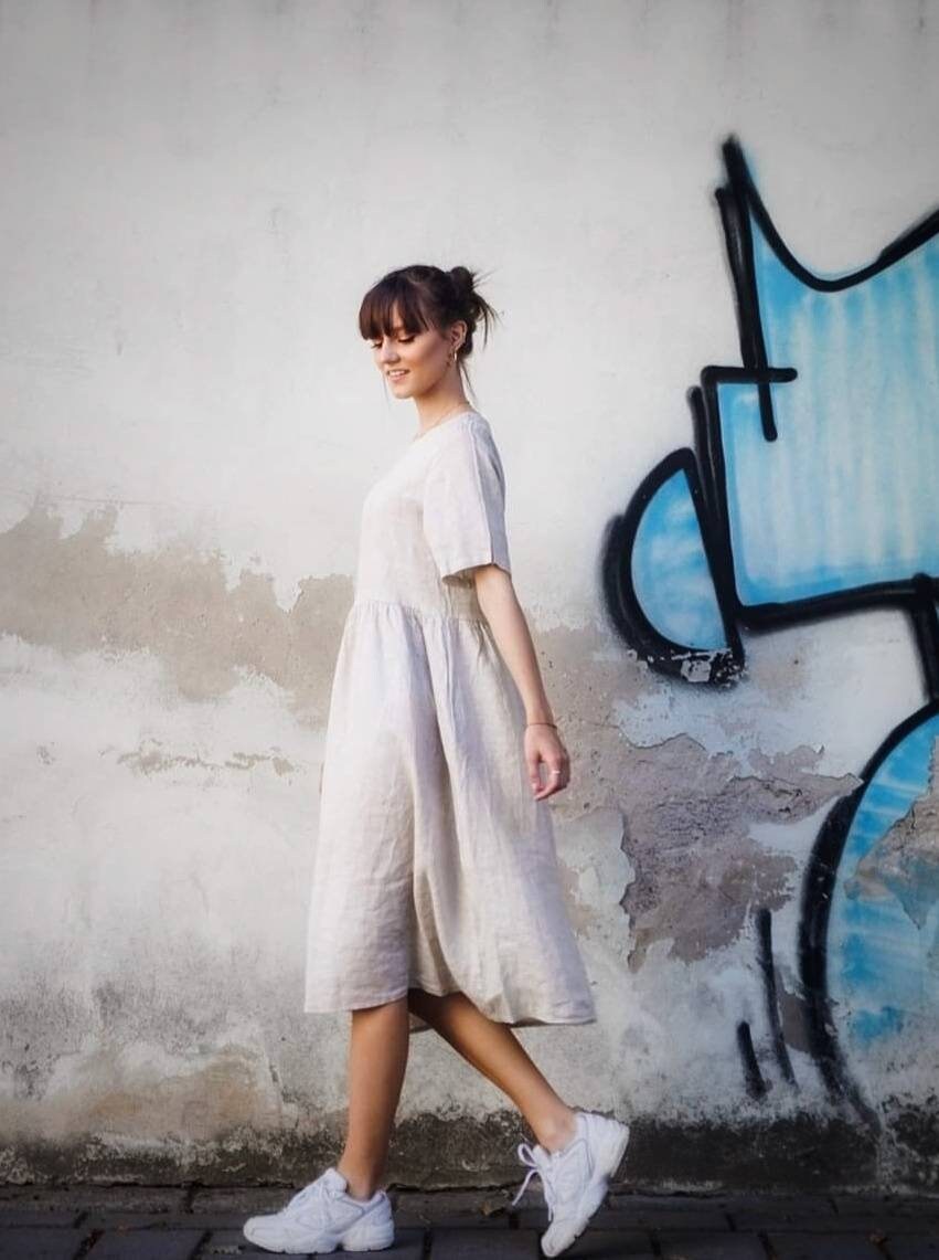 Modest Midi Linen Dress With Pockets, Casual Navy Blue Loose Aline Sundress  With Short Sleeves - Etsy