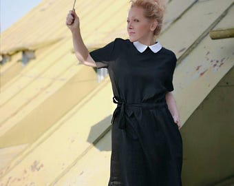 Mary Poppins dress, Black linen dress with White collar, Victorian style 1940s Tea dress, Retro Summer linen dress, Linen dresses for women