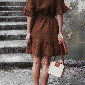 Rustic Red linen Boho tunic dress with belt, Unique Romantic dress, Summer tunic dress, Ruffled Linen dresses for women, Red Lolita fashion image 10