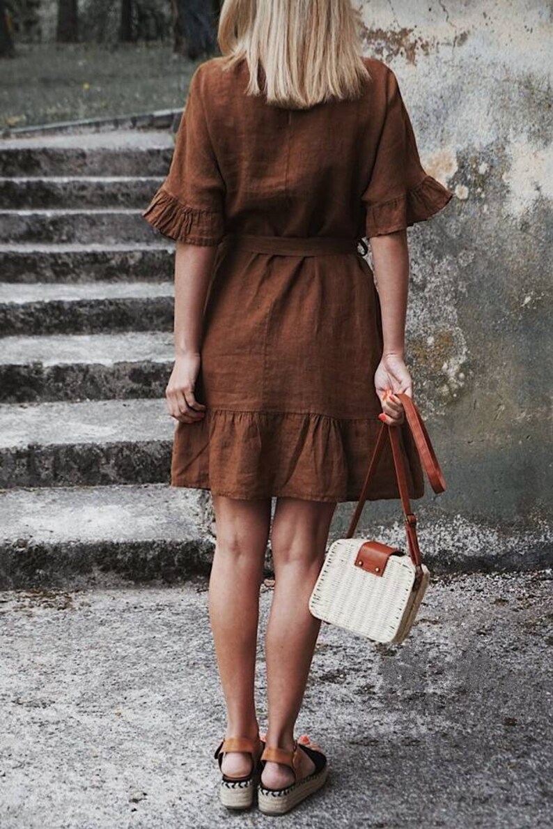 Rustic Red linen Boho tunic dress with belt, Unique Romantic dress, Summer tunic dress, Ruffled Linen dresses for women, Red Lolita fashion image 10