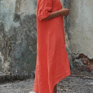 White linen dress, Linen shirt dress, Button front dress, Plus size linen dress, Linen maxi dress, Button down linen dress, Linen shirt long coral