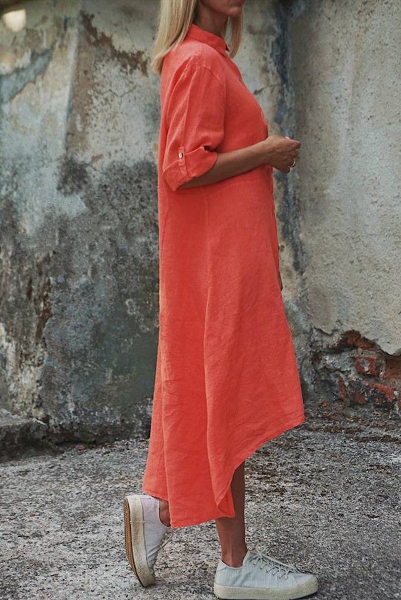 White linen dress, Linen shirt dress, Button front dress, Plus size linen dress, Linen maxi dress, Button down linen dress, Linen shirt long coral