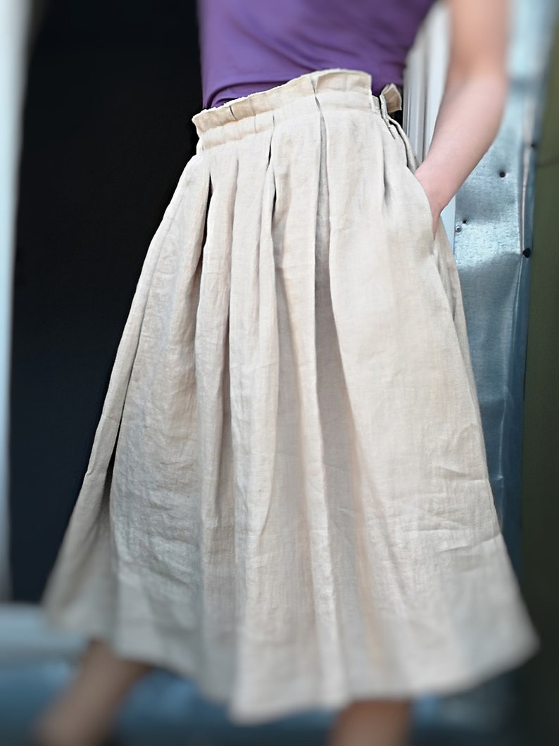 Sustainable clothing Sand color Pleated Linen midi skirt, Modest clothing High waisted Pastel skirt with pockets, Broomstick Khaki skirt image 5