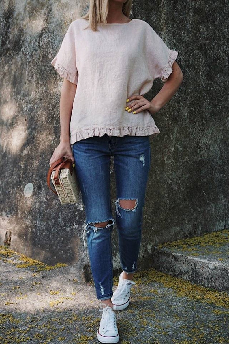 Linen Blouse Plus Size Linen Ruffle Blouse Linen Top Linen Etsy