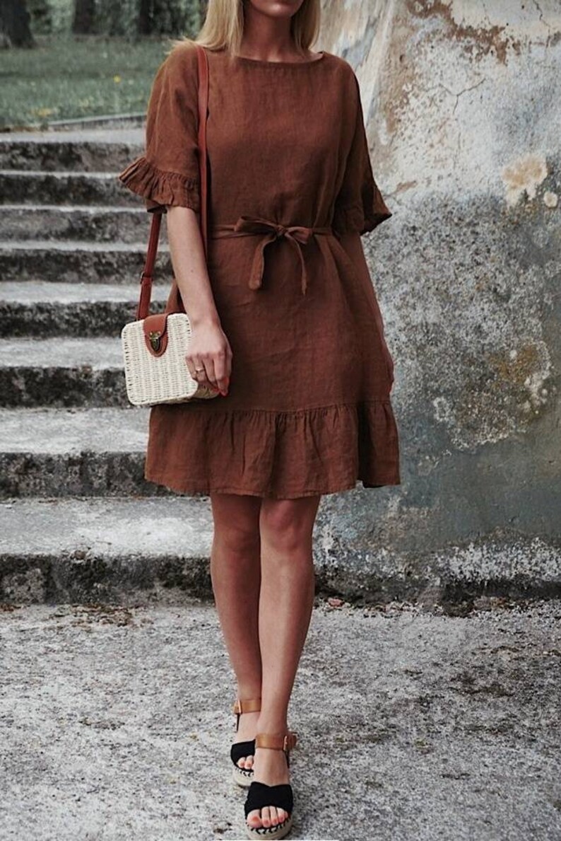 Rustic Red linen Boho tunic dress with belt, Unique Romantic dress, Summer tunic dress, Ruffled Linen dresses for women, Red Lolita fashion chocolate brown