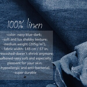May include: Close-up of a dark blue 100% linen fabric with a slightly textured surface. The fabric is described as soft, luxurious, and pre-washed. It is also hypoallergenic, anti-bacterial, and super durable. The fabric is 57 inches wide and weighs 205 grams per square meter.