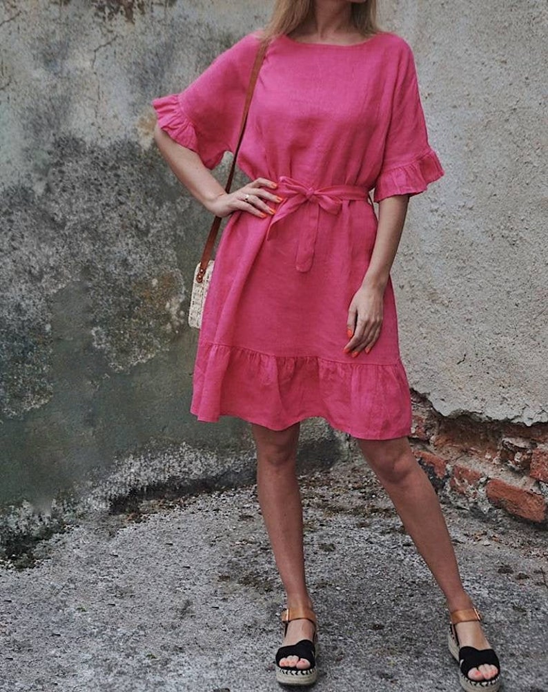 Robe en lin, Robe demoiselle dhonneur, Robe dinvité de mariage, Robe de soirée. Robe dété, Robe de mariée Boho, Robe modeste, linge de maison grande taille, Robe boho cyclamen pink