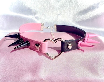 Pink and Black, Half Choker - Mini Faux Leather Spiked Choker