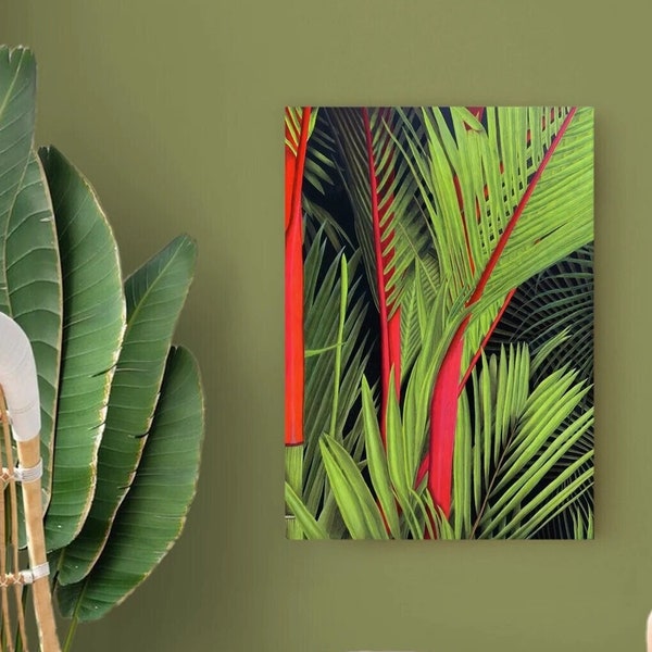 Grand tableau de plantes exotiques palmiers rouges, Décoration murale végétale pour maison au style jungle, Art coloré, Peinture originale