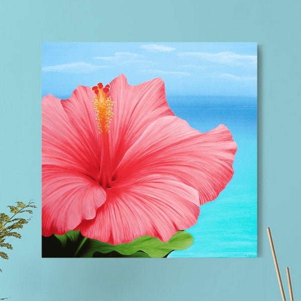 Tableau d'une fleur exotique rose d'hibiscus devant la mer, Décoration murale maison style nature, Art tropical coloré, Peinture originale