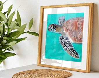 Póster de una tortuga marina en el océano turquesa, lámina artística