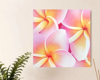 Exotic frangipani flowers, white and pink plumeria, Nature wall decor, Tropical art, Original painting