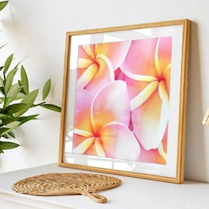 Pink frangipani flower art print, exotic wall decor, tropical flower painting, high-end art print, nature ambiance
