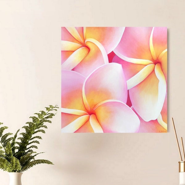 Tableau de fleurs exotiques de frangipanier ou plumeria, Décoration murale maison style nature, Art tropical coloré, Peinture originale