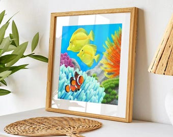 May include: Framed painting depicting a colourful underwater scene with two yellow fish swimming near a bright orange coral reef and a clownfish in the foreground.