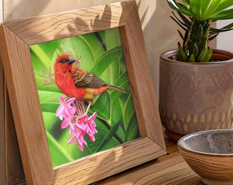 Poster di un uccello tropicale rosso | Uccello esotico della giungla | Decorazione murale con tema natura tropicale