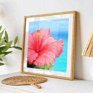 Art print pink hibiscus flower, Tropical ocean, Exotic decor, High-quality print, Vibrant wall Art, Tropical painting for home