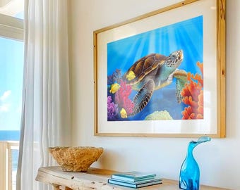 ハワイのホヌウミガメの絵画、鮮やかなサンゴ礁のアートプリント、水中