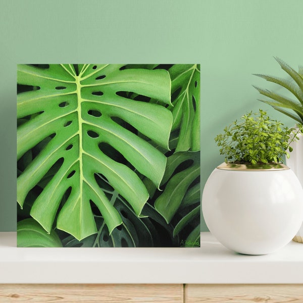 Petit tableau feuille tropicale de plantes exotiques monstera deliciosa, Décoration murale motif végétal, Art coloré, Peinture originale