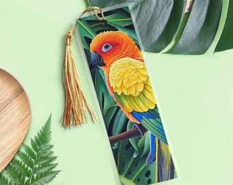 Parrot bookmark with tassel | tropical bird bookmark | jungle parrot art bookmark