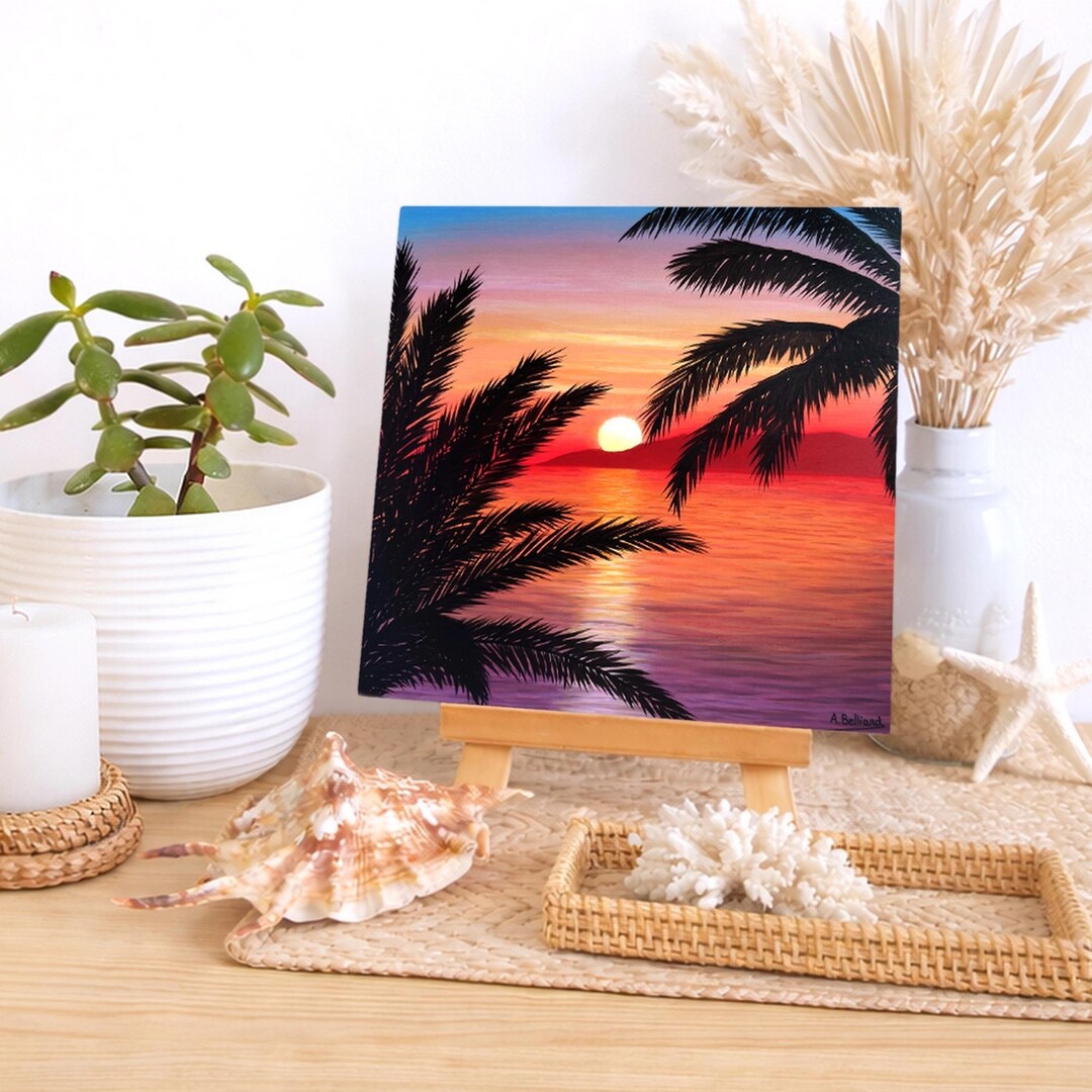 Tropical Sunset Painting With Palm Trees | Beach Sunset Wall Art ...
