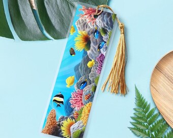 Marque-page poissons tropicaux | récif corallien océan | marque page illustré avec pompon