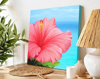 Cuadro de hibisco tropical rosa | Flor exótica sobre un mar turquesa | Pintura de naturaleza tropical | Decoración de pared de playa y océano