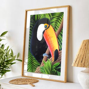 Toucan on a branch art print, jungle wall decor, premium art prints, tropical birds, wildlife art, exotic decor