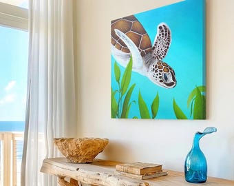 Sea turtle painting turquoise ocean | sea turtle wall art | tropical marine artwork | coastal wall decor | ocean turtle art