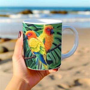 Mug birds conures sun on a branch – tropical cup, jungle, colorful and unique gift or decor