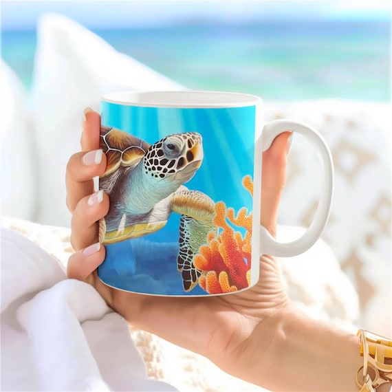 Sea turtle mug with coral reef | ocean coffee mug | tropical marine life mug