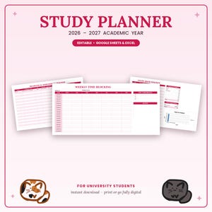 Editable Pink Study Planner with Cats for University Students with Weekly Time Blocking, Deadline Tracker and Study Hour Tracker