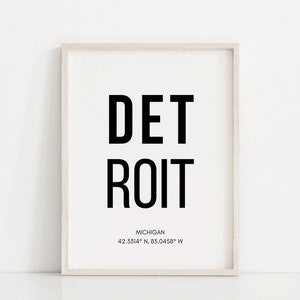 Detroit Coordinates Print/Detroit Printable Wall Art/City Print/Housewarming Gift