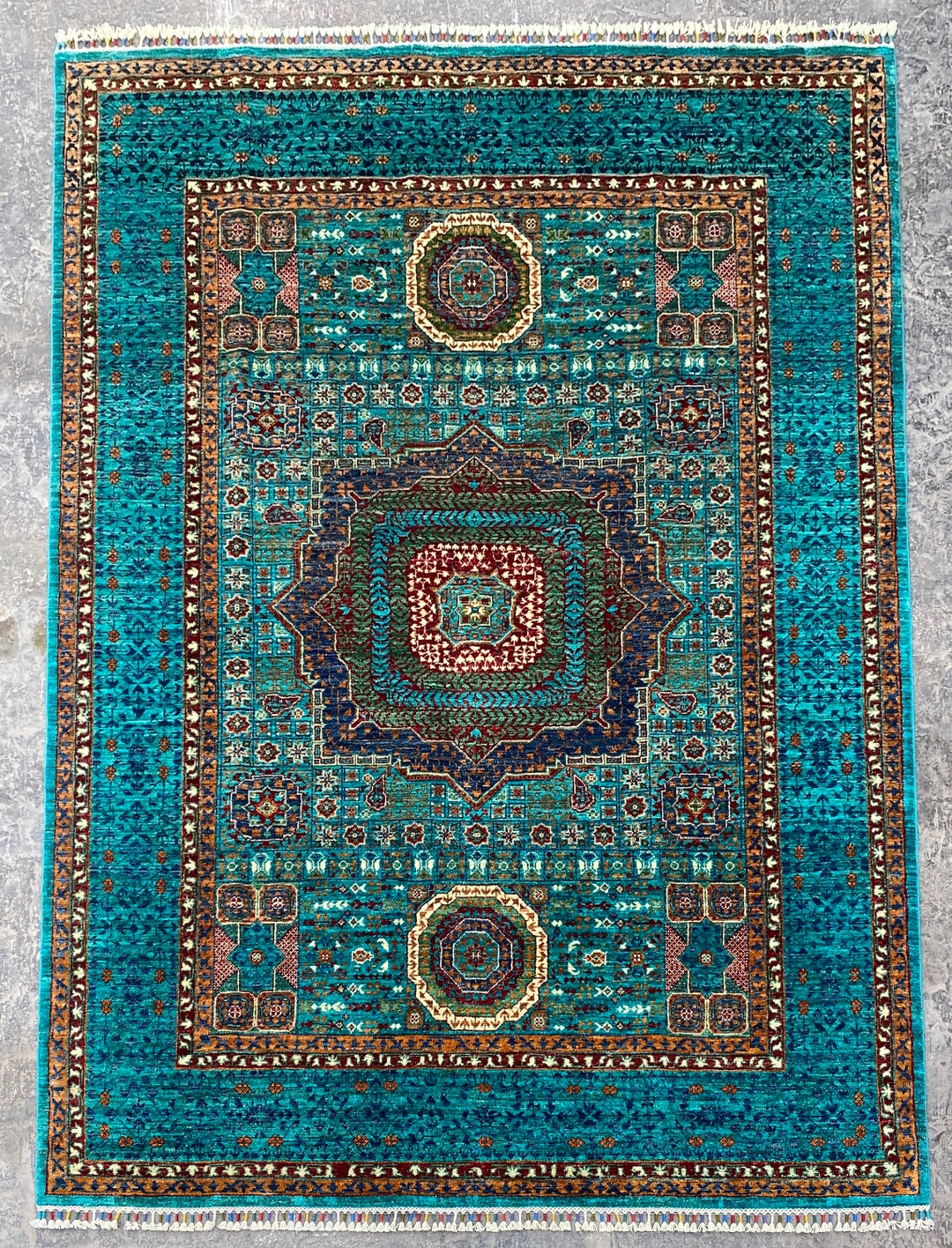 Mamluk Geometric Rug 5.9x7.10 Ft Baby Blue Hand Knotted Rug