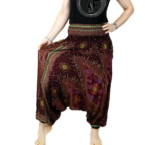 Harem Pants / Hippie Pants / Rayon Pants / Thailand Harem Pants / Black Color / Peacock floral / Yoga Pants/ Drop Crotch / Jumpsuits Rompers