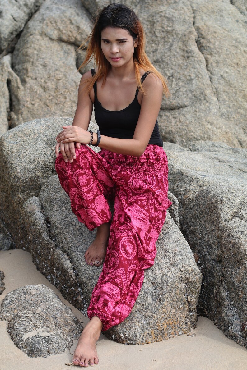 Harem Pants Boho Red Elephant Pants Hippie Aladdin Gypsy Loose Smocked Waist Yoga Casual Trouser Women Baggy Cotton Beach Summer Festival