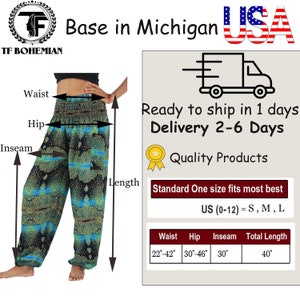 May include: A pair of colorful printed harem pants with a drawstring waist. The pants are measured in inches: waist 22-42, hip 30-46, inseam 30, and total length 40. The text on the image reads: "Ready to ship in 1 days Delivery 2-6 Days Quality Products Standard One size fits most best US (0-12) = S, M, L"