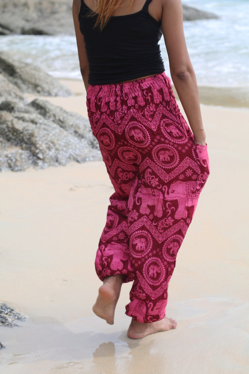 Harem Pants Boho Red Elephant Pants Hippie Aladdin Gypsy Loose Smocked Waist Yoga Casual Trouser Women Baggy Cotton Beach Summer Festival