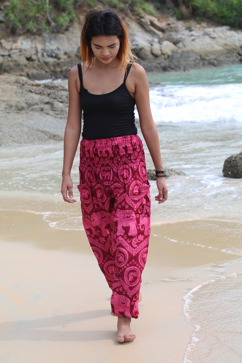 Harem Pants Boho Red Elephant Pants Hippie Aladdin Gypsy Loose Smocked Waist Yoga Casual Trouser Women Baggy Cotton Beach Summer Festival