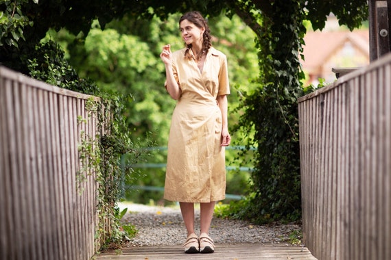 Vintage Wrap Dress | Beige Shirt dress | Cotton Su