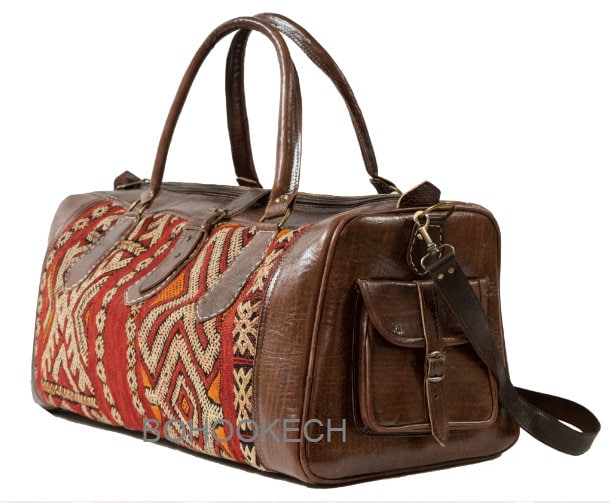 Boho Leather Travel Weekend Bag Kilim Travel Bag Duffel bag Etsy