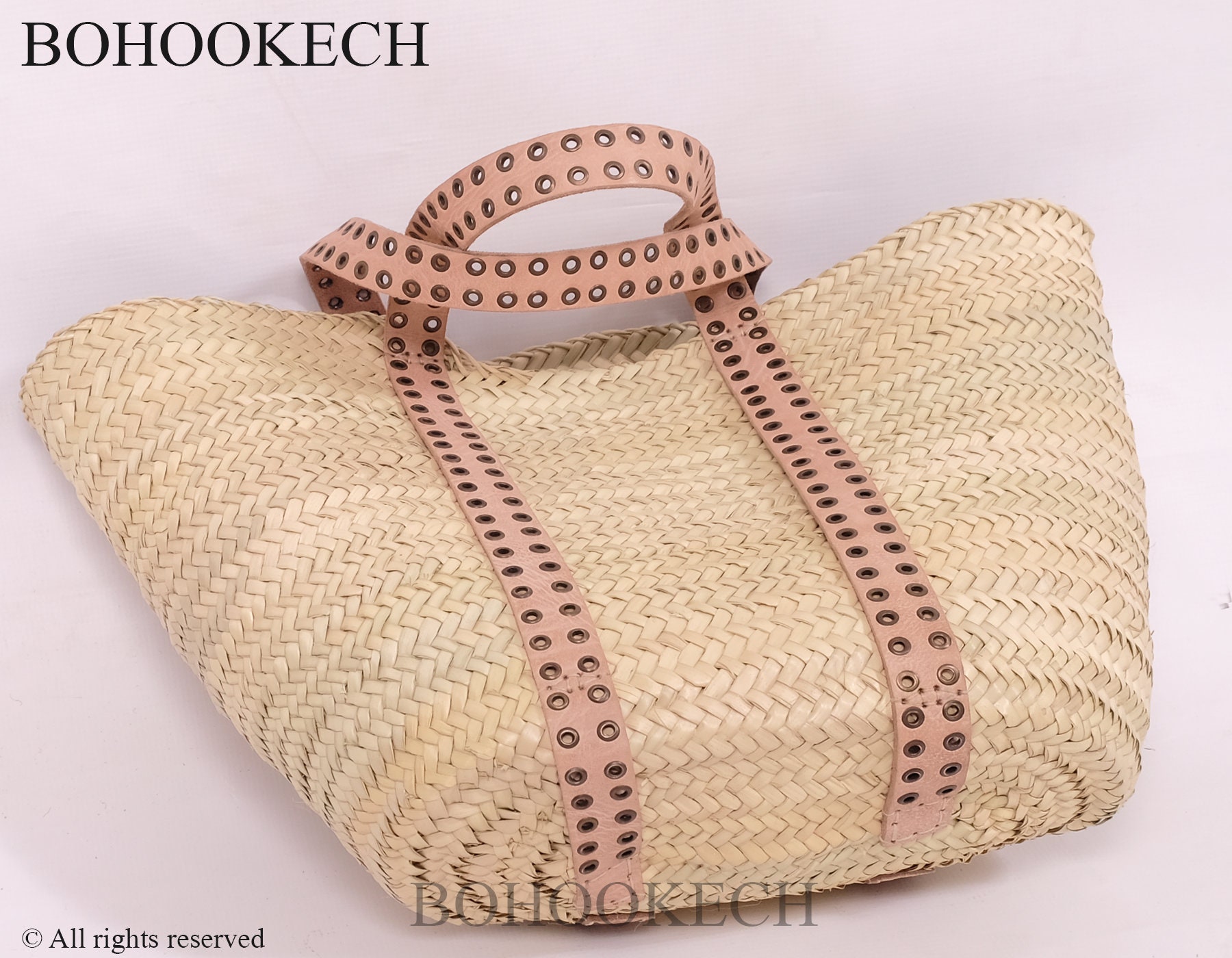 Moroccan Straw Market Basket bag with Long Natural Leather ...
