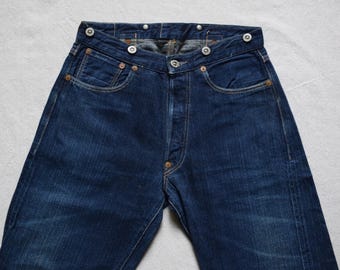 1895 style buckle back DENIM WORK TROUSERS - indigo - suspender buttons - by Joe McCoy size 29 x 36