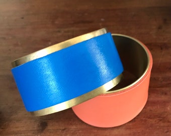 "Agni" cuff *high fashion jewelry* {salmon pink leather, electric blue, raw brass, adjustable cuff}